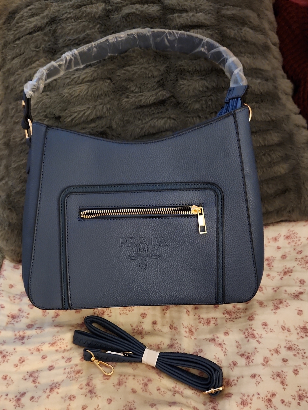 Navy Blue Leather Shoulder Bag with Gold Hardware